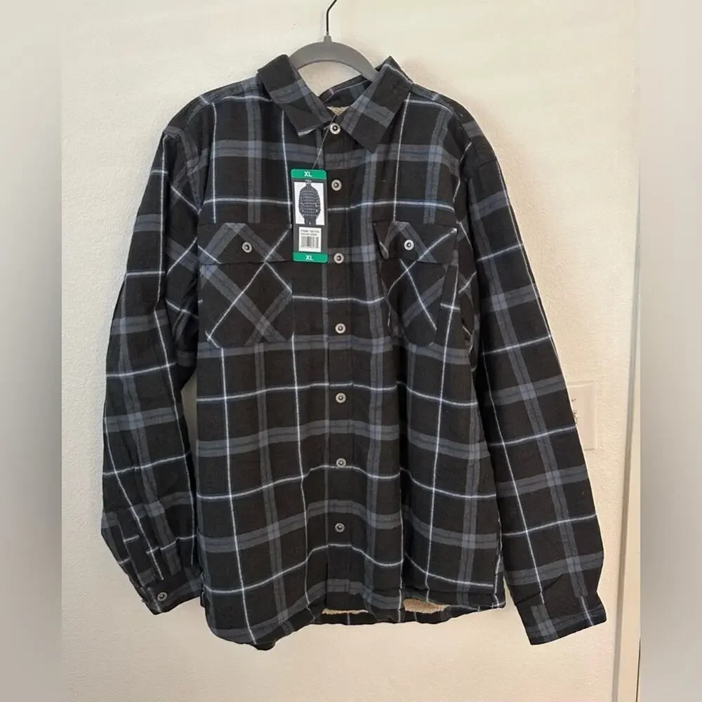 NWT Men’s Grizzly Mountain Flannel Jacket Blue Plaid Sherpa Lined Snap Down XL